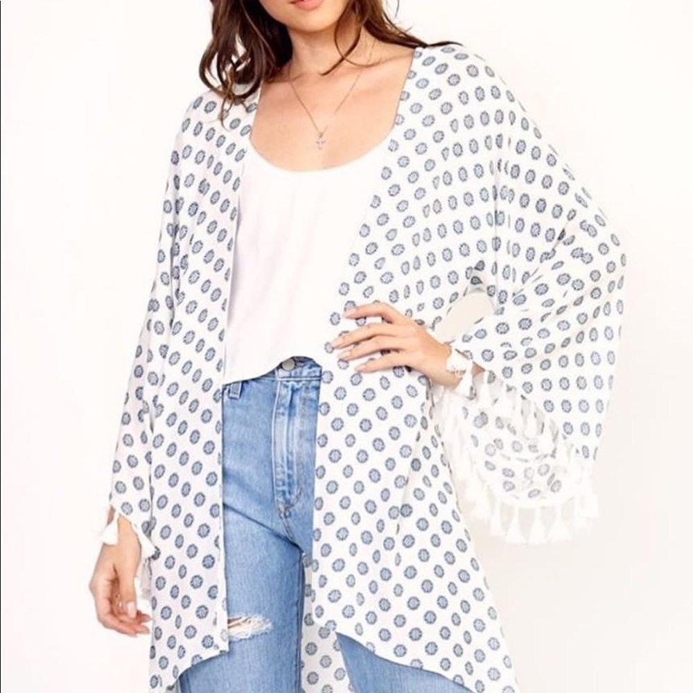 Blue and white fringe kimono/cover up